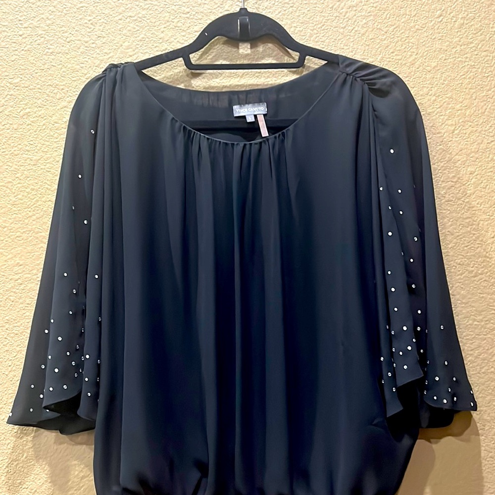 Small Vince Camuto black blouse with sheer sleeves with rhinestone detail